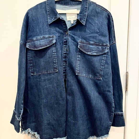 Ella Moss Denim Button-Up Box Shirt with Frayed Hem - Picture 1 of 5